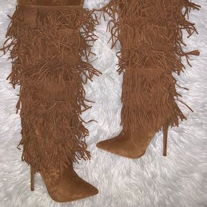 Size 5 1/2 brown fringe boots 4.5 inch heel